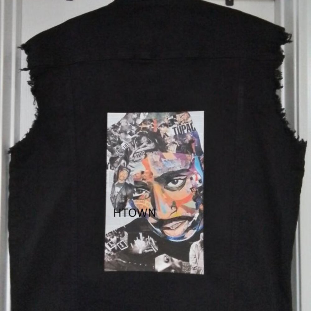 Fashion Denim Vest for Men Casual Jeans Sleeveless w/TUPAC Graphic Print 2XL